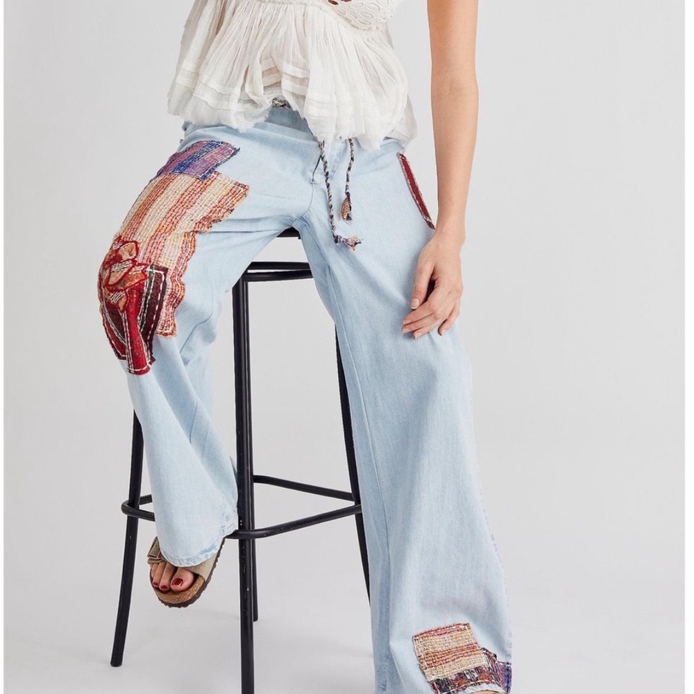 We The Free Free People La Vida Drawstring XS 0/2 Low Rise Patchwork Denim Jeans